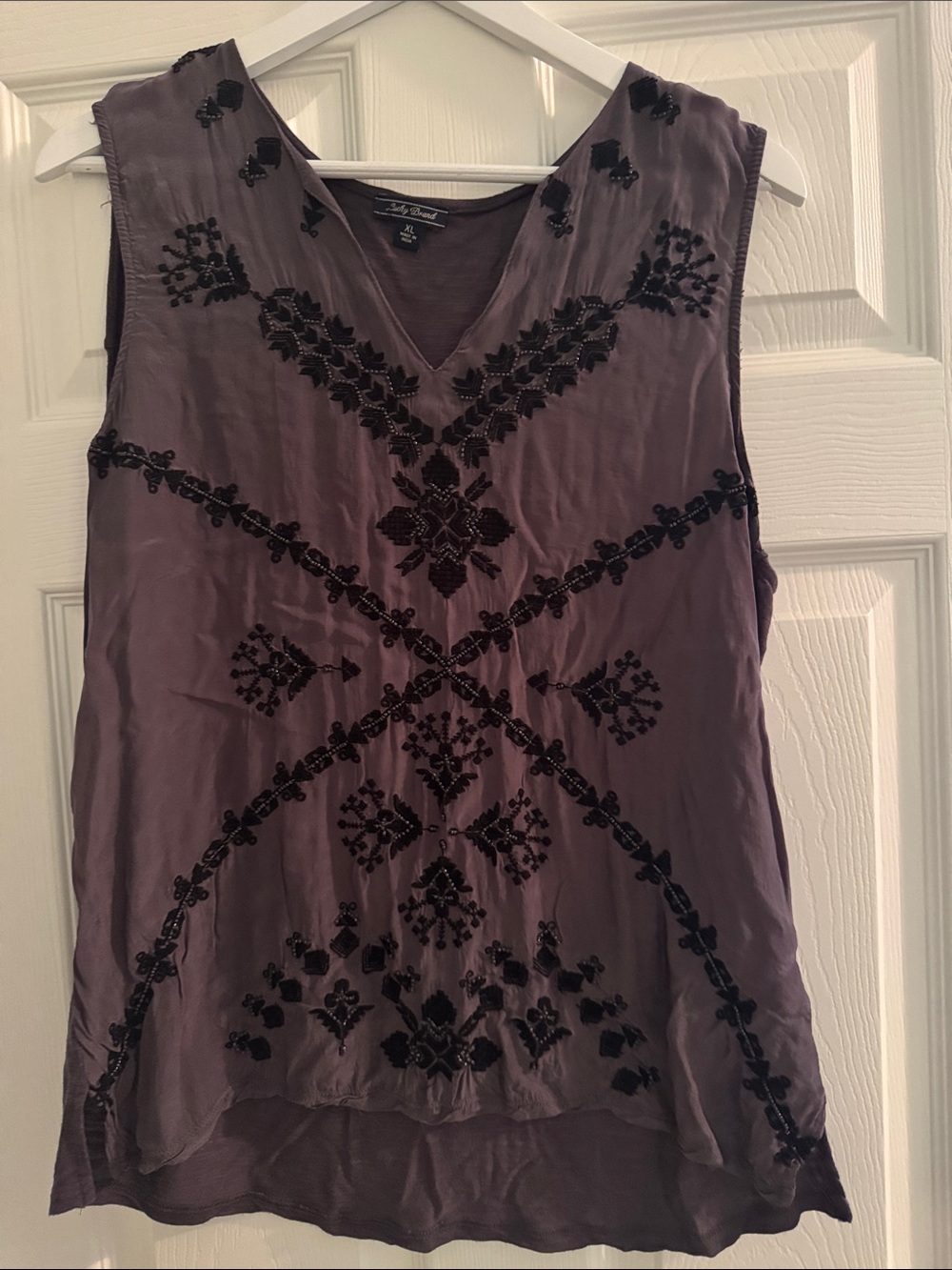 Lucky Brand Grey V-Neck Sleeveless Tank with Black Beaded Embroidery